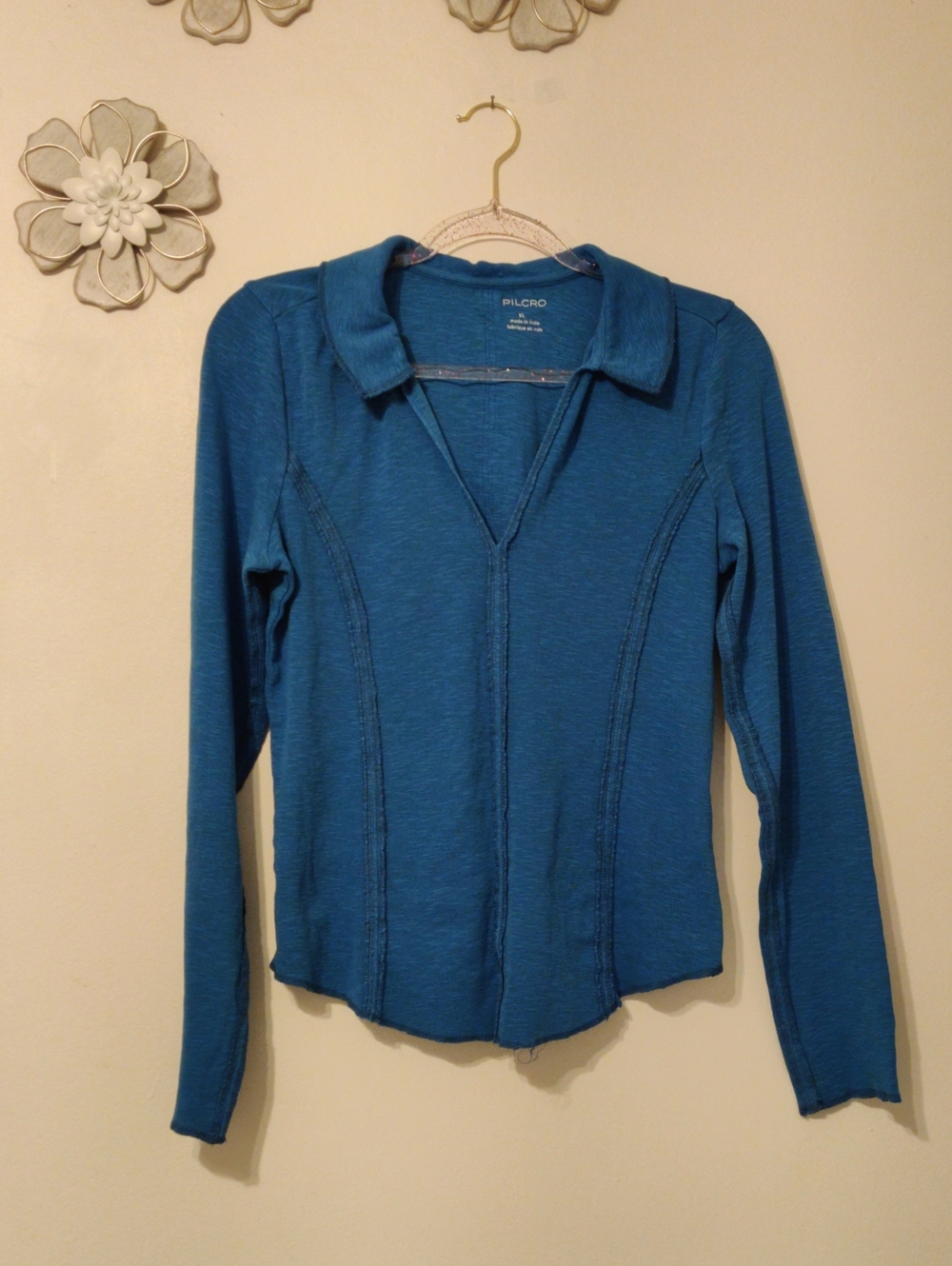 Pilcro Teal-Blue Long Sleeve Collared Top